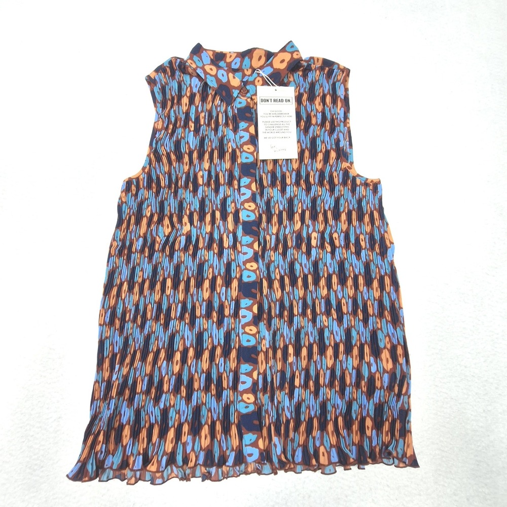 Wildfang Empower Plisse Button Up Womens‎ Small Blue Orange Abstract Sleeveless